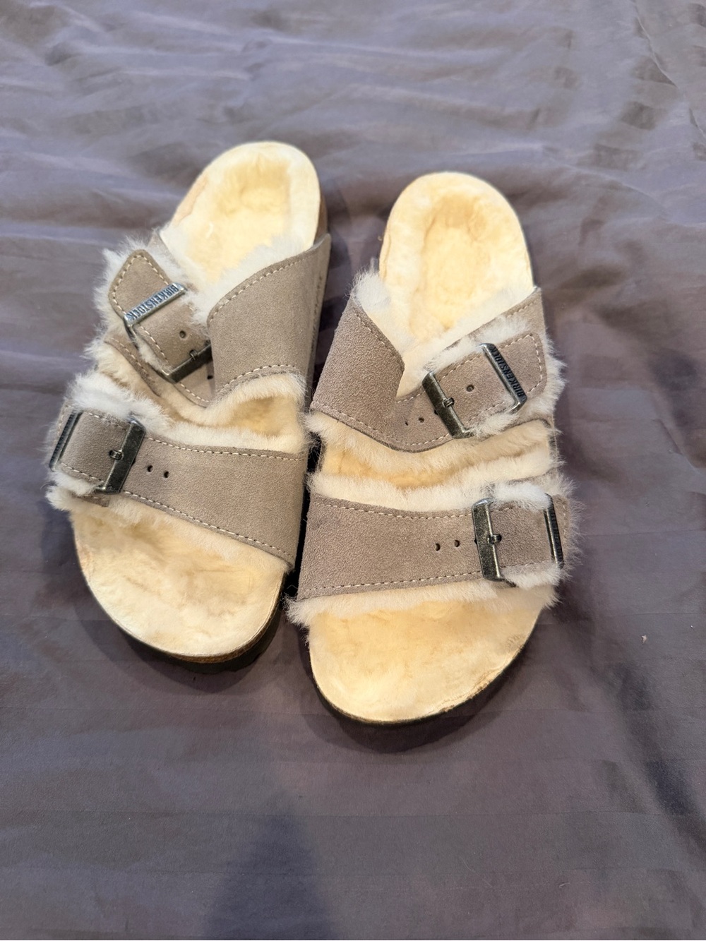 Birkenstock Gray Suede Shearling Arizona buckle sandal